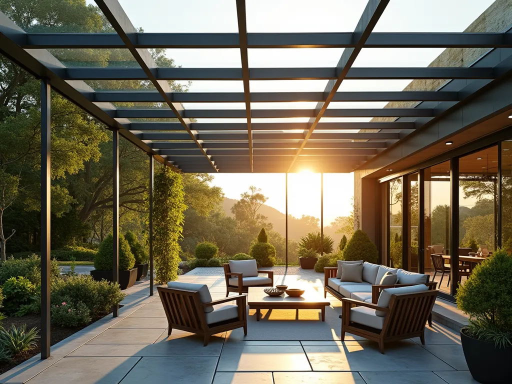 Modern Glass Panel Garden Roof - A stunning modern outdoor seating area covered by elegant glass roof panels, showing sunlight streaming through the transparent covering. The space features comfortable contemporary outdoor furniture on a stone patio, surrounded by lush potted plants and climbing vines. The glass panels have a slight frosted effect at the edges, creating a sophisticated architectural element while maintaining an open, airy feeling. The scene is captured during golden hour, with warm sunlight creating beautiful patterns through the glass onto the patio below.