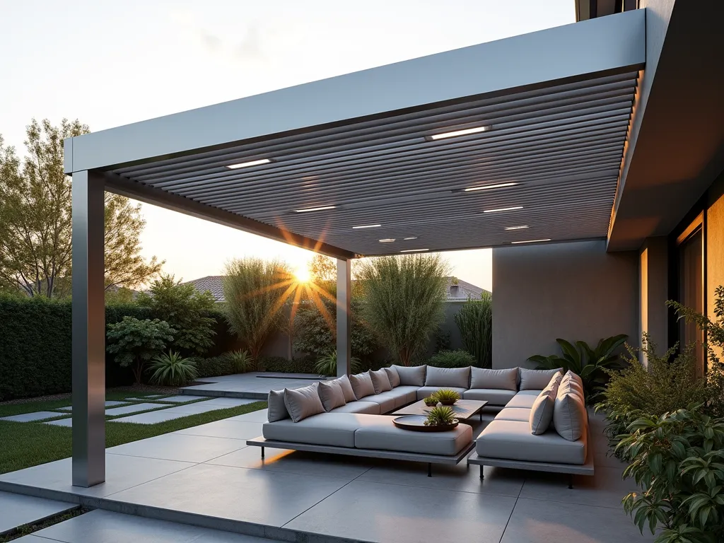 Modern Louvered Garden Pergola - A sophisticated modern garden setting featuring a sleek aluminum louvered roof pergola in metallic silver, partially opened to create dramatic light patterns on a contemporary outdoor living space below. The space includes modern outdoor furniture with clean lines, soft gray cushions, and minimalist planters with architectural plants. The pergola is mounted on slim chrome posts, with subtle LED lighting strips along the beams. The background shows a manicured garden with geometric landscaping patterns and large-format gray porcelain tiles as flooring. The scene is captured during golden hour, with warm sunlight filtering through the adjustable louvers, creating an elegant interplay of light and shadow.