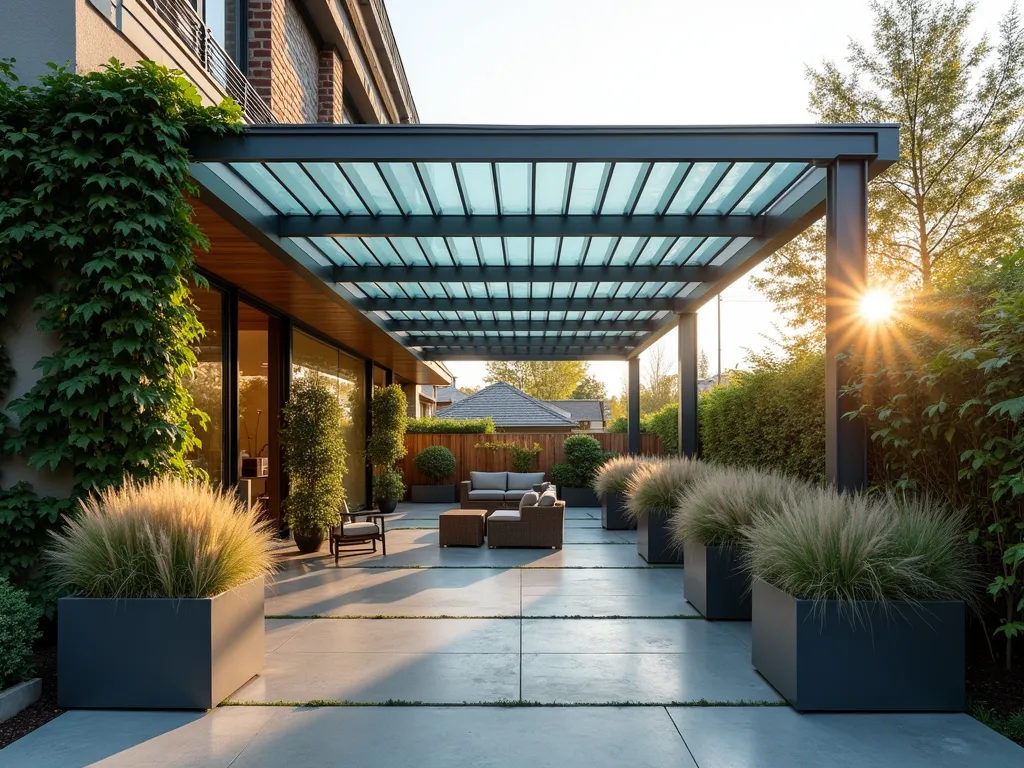 Modern Polycarbonate Garden Cover - A modern garden patio space covered by elegant corrugated polycarbonate roofing in a soft blue tint, photographed during golden hour. The translucent panels create beautiful light patterns on a contemporary outdoor seating area below. Architectural-style planters with ornamental grasses line the space, while climbing vines gracefully frame the structure. The natural light filters through the panels creating a dreamy, ethereal atmosphere, photorealistic style, 4k resolution.