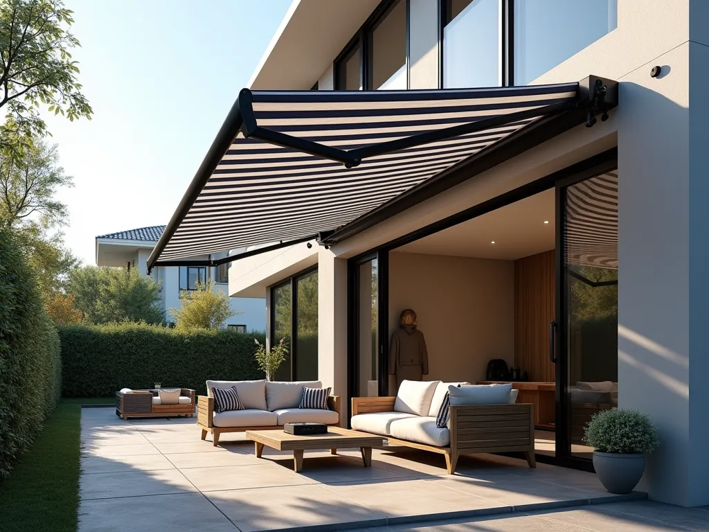 Modern Retractable Awning Over Garden Patio - A photorealistic image of an elegant modern patio with a sleek, navy blue and white striped retractable awning extending over a contemporary outdoor seating area. The awning is partially extended, creating a sophisticated play of light and shadow on the stone patio below. The scene includes modern outdoor furniture with plush cushions, and the awning is mounted on a beautiful contemporary home with neutral-toned exterior walls. A small remote control unit is visible on an outdoor side table, and the awning features visible high-tech wind sensors along its frame. The lighting suggests late afternoon sunshine, creating a warm, inviting atmosphere, 4k resolution, architectural photography style.