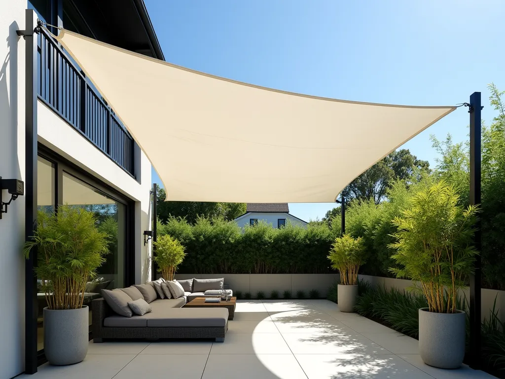 Modern Retractable Shade Sail Garden Oasis - A serene modern garden patio featuring an elegant triangular white retractable shade sail suspended between sleek steel posts, casting artistic dappled shadows on a contemporary outdoor seating area. The space below includes modern grey outdoor furniture, surrounded by lush green plants and ornamental grasses. The sail is photographed partially extended, showcasing its dynamic nature, with soft natural lighting filtering through the UV-resistant fabric. The architectural lines of the shade structure create a striking geometric pattern against a clear blue sky, while potted bamboo and decorative planters add organic elements to the contemporary design.