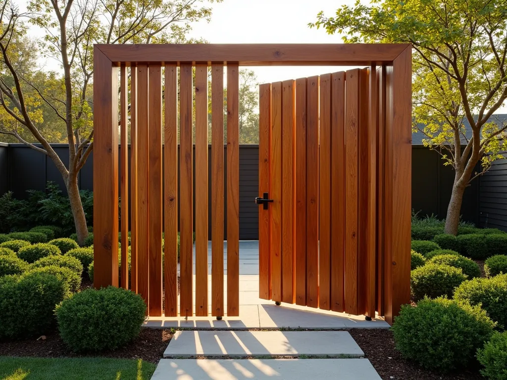 Modern Wooden Slatted Privacy Screen - A contemporary garden setting featuring an elegant adjustable wooden slatted screen made of rich cedar wood, with pivoting panels casting dramatic shadows across a manicured garden path. The screen stands 7 feet tall with modern angular frames, some panels positioned at varying angles to create depth and visual interest. Soft natural lighting filters through the slats, creating a warm, geometric pattern on the ground. Clean architectural lines and minimalist design, photographed during golden hour for maximum atmospheric effect.