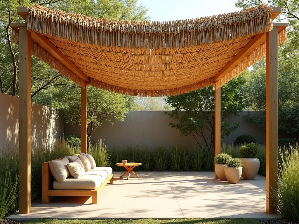 Serene Reed Canopy Garden Retreat - A tranquil garden setting featuring a natural reed canopy structure, photographed in warm afternoon light. The canopy is made from tightly rolled natural reeds mounted on a minimalist wooden frame, creating dappled shadows on the ground below. The structure has a slight curve reminiscent of beach cabanas, with filtered sunlight creating a warm, inviting atmosphere. Comfortable outdoor seating is visible beneath the canopy, surrounded by ornamental grasses and potted plants. The natural beige tones of the reed material contrast beautifully with the lush greenery, creating a harmonious blend of architectural and natural elements. Photorealistic, high-end landscape photography style.