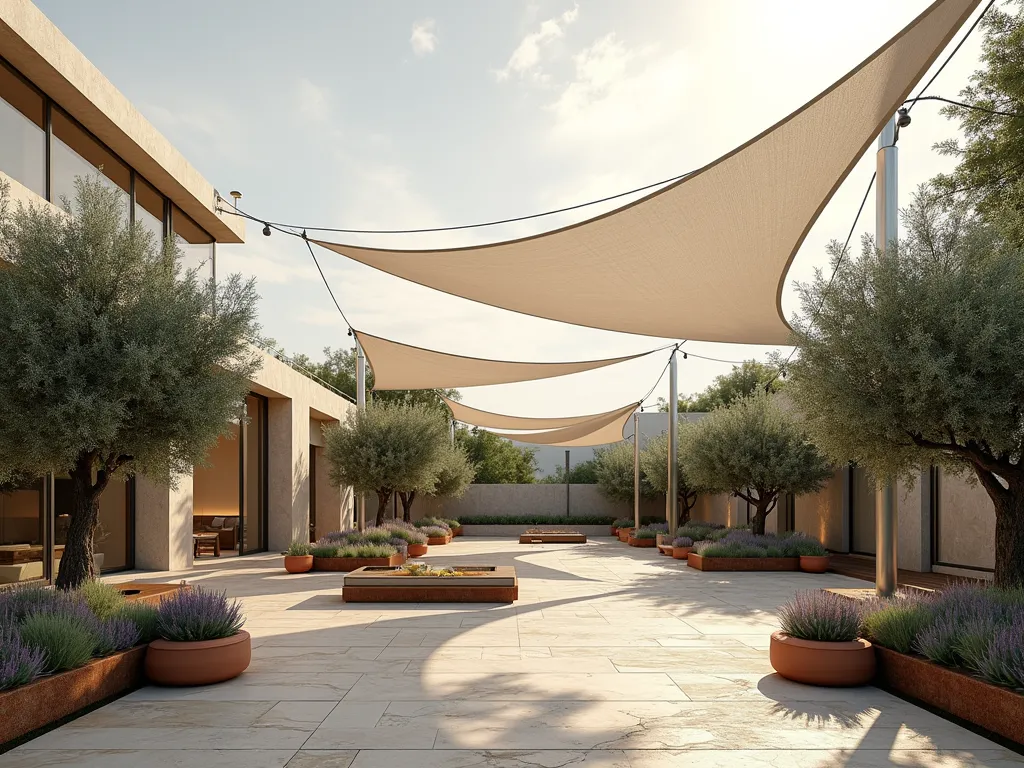 Elegant Recycled Sail Garden Shade - A serene modern garden space with a repurposed white sailboat canvas elegantly stretched overhead in sweeping curved formations, creating dynamic patterns of dappled sunlight on a stone patio below. Mediterranean-style terracotta planters with olive trees and lavender line the edges. The sail's nautical rigging and steel cables add industrial charm while maintaining the fabric's graceful, wind-swept appearance. Soft afternoon lighting highlights the sail's translucent quality, with photography captured at a dramatic angle to showcase the interplay of light and shadow. Hyper-realistic rendering, architectural photography style.