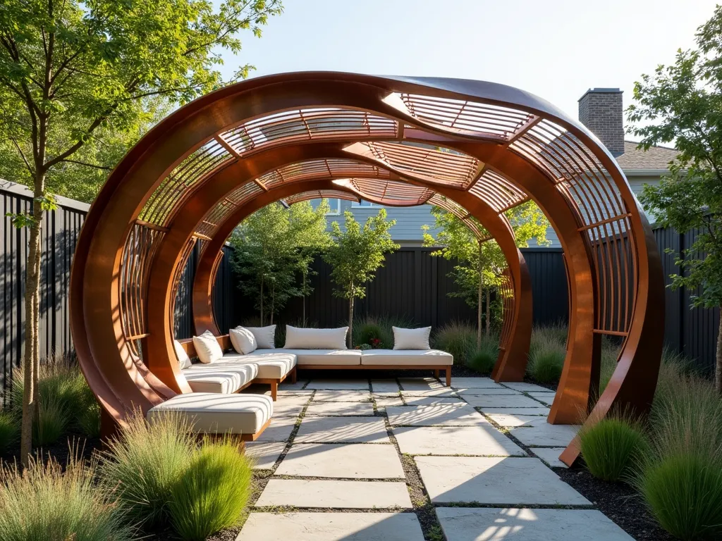 Modern Sculptural Metal Garden Pergola - A contemporary garden setting featuring an elegant, curved metal pergola structure in weathered copper and brushed steel. The sculptural shade structure has an organic, flowing design reminiscent of waves or leaves, creating intricate shadow patterns on the stone patio below. Soft afternoon light filters through the artistic metalwork, illuminating a peaceful seating area surrounded by ornamental grasses and modern landscaping. The structure stands 12 feet tall with swooping architectural lines that appear both artistic and functional.