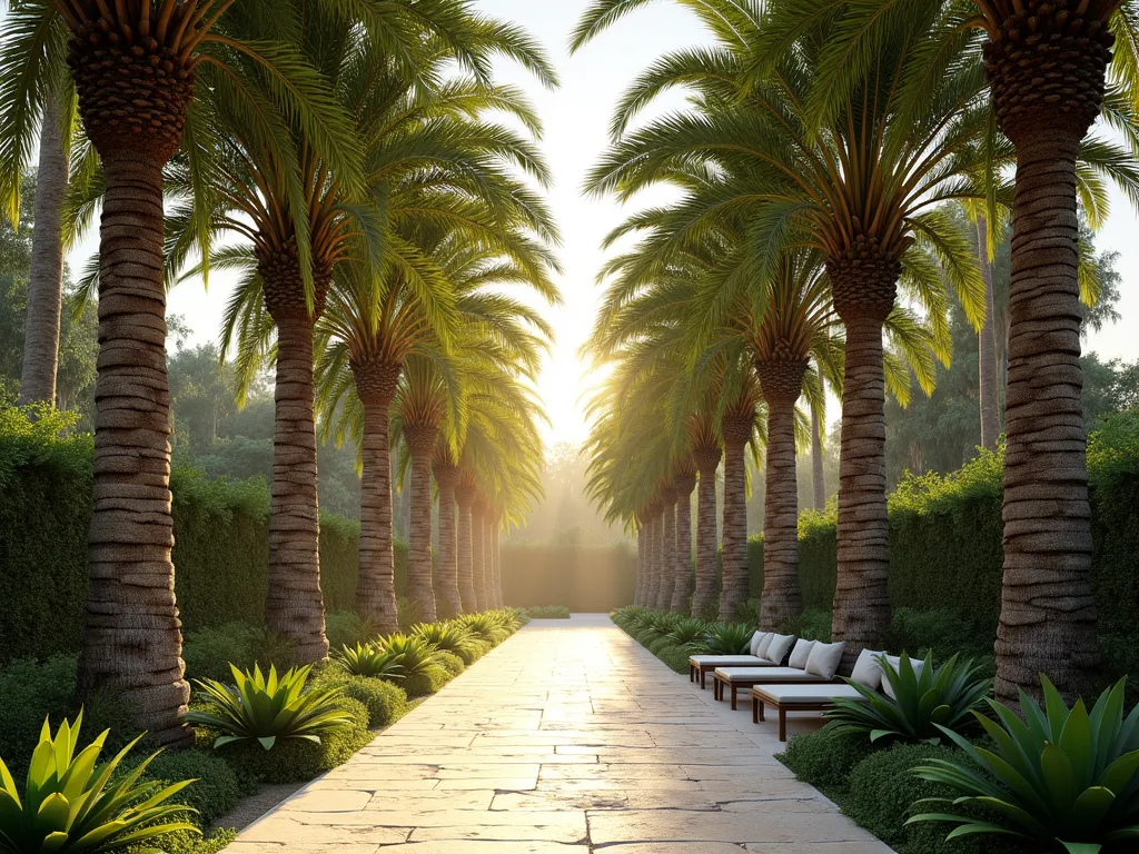 Luxurious Tropical Palm Canopy Garden - A serene garden landscape with towering Mediterranean Fan Palms and Coconut Palms creating a natural canopy overhead, casting dappled sunlight on a stone pathway below. The palms form an elegant umbrella-like cover, with their fronds gently overlapping. Soft, warm lighting filters through the leaves, creating a resort-style ambiance. The scene includes lush tropical understory plants and comfortable seating beneath the palms, photographed during golden hour. Photorealistic, high-end landscape photography style.