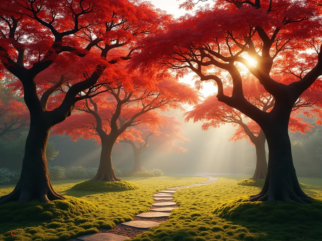 Enchanting Umbrella Tree Grove - A serene garden scene with elegant Japanese Maple trees creating a natural canopy, photographed during golden hour. The trees' umbrella-shaped crowns cast intricate dappled shadows on a moss-covered ground. Sunlight filters through the delicate red-tinged leaves, creating a magical interplay of light and shadow. The composition shows multiple trees arranged in an organic pattern, with their branches gracefully spreading outward like natural umbrellas. Soft, ethereal lighting enhances the peaceful atmosphere, showcasing the trees' sculptural forms against a softly blurred background. Photorealistic, high-end landscape photography style.