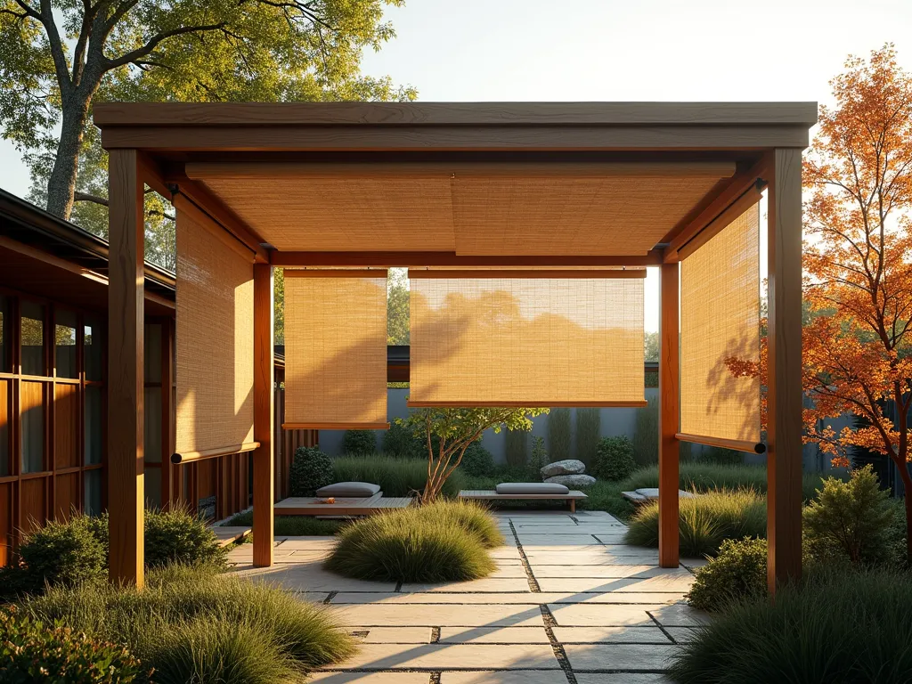 Zen Garden Bamboo Shade Pergola - A serene outdoor space featuring a modern wooden pergola with elegant roll-up bamboo shades partially extended, casting dappled shadows on a peaceful zen garden below. Natural sunlight filters through the bamboo creating a warm, tranquil atmosphere. The pergola is surrounded by Japanese maple trees and ornamental grasses, with a stone path winding through. Photorealistic, golden hour lighting, architectural photography style, 4k, detailed