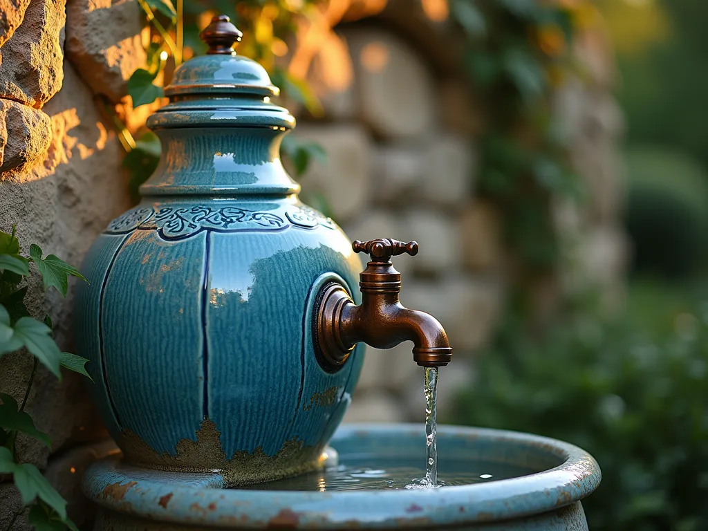 Artisanal Garden Pottery Faucet - Close-up shot of a handcrafted, large azure blue ceramic vessel with an antique copper garden faucet elegantly integrated into its side, photographed during golden hour. The pottery features intricate hand-carved botanical patterns and sits against a natural stone wall covered in climbing ivy. A shallow, decorative ceramic catch basin below captures water, creating a serene water feature. Soft evening light casts warm shadows across the textured pottery surface, while water droplets glisten from the faucet. Shot with shallow depth of field highlighting the artistic craftsmanship, 16-35mm lens at f/2.8, ISO 400