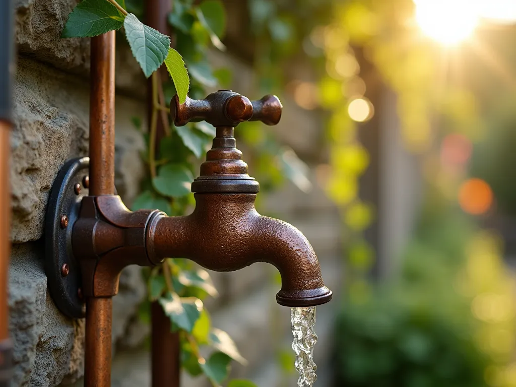 Artistic Garden Faucet with Recycled Metal Frame - A close-up shot of a rustic copper garden faucet mounted on a creative frame made from repurposed vintage garden tools, including antique spades, rakes, and copper pipes, artistically welded together. The metal pieces have a weathered patina, creating a beautiful contrast against a stone wall covered in climbing ivy. Golden hour sunlight casting warm shadows through the metalwork, highlighting the intricate details of the recycled pieces. Water droplets glistening on the copper faucet, with soft bokeh effect in the background showing lush garden foliage.