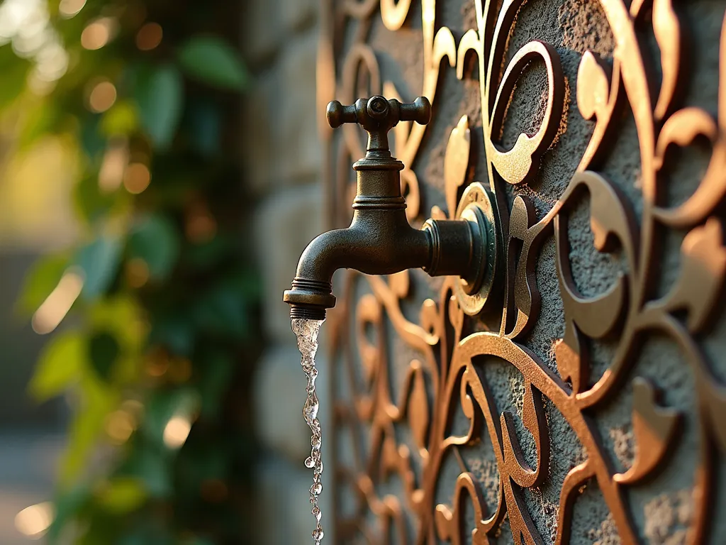 Elegant Botanical Metal Screen Garden Faucet - Close-up shot of an antique brass outdoor faucet mounted on a rustic stone wall, framed by an intricate Art Nouveau-style metal screen featuring delicate vine patterns and flowering branches. The screen, finished in weathered copper with verdigris patina, creates dappled evening light patterns on the wall. Water droplets glisten on the faucet, while climbing jasmine peeks through the screen's botanical cutouts. The scene is warmly lit by golden hour sunlight, casting intricate shadows of the metalwork onto the textured stone wall.