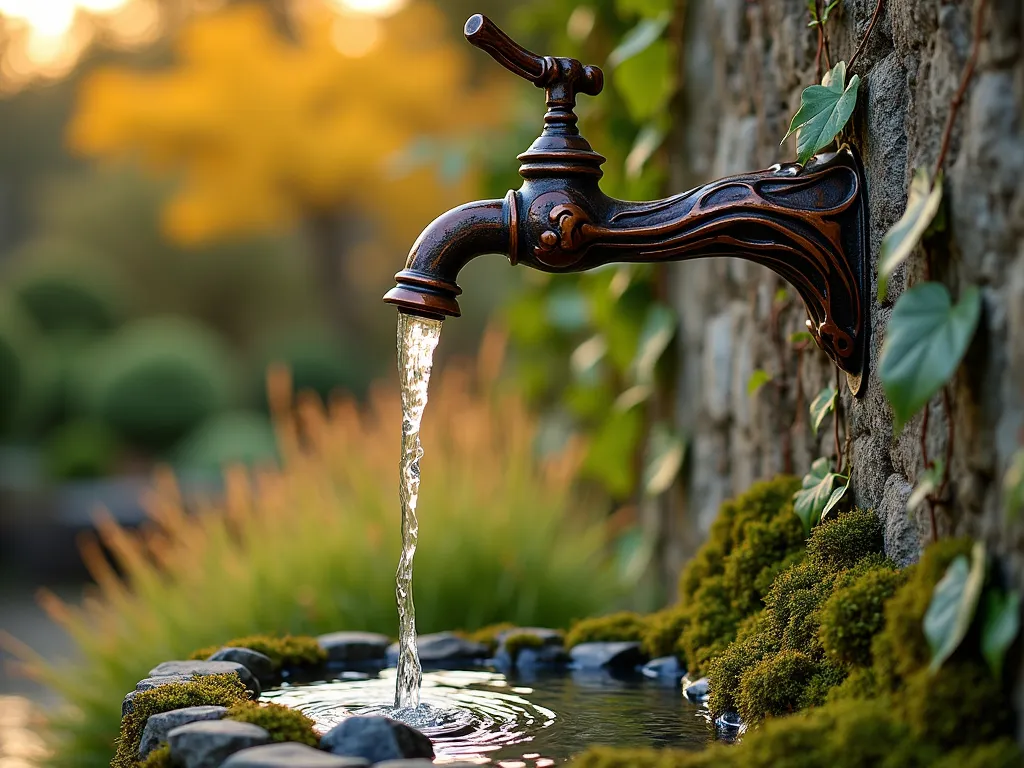 Artistic Bronze Branch Garden Faucet at Dusk - A close-up shot of an intricately designed bronze garden faucet sculpted to look like intertwining tree branches, captured during golden hour. The faucet emerges naturally from a weathered stone wall covered in climbing ivy. Water gracefully cascades from the branch-like spout, catching the warm evening light. Set against a blurred background of a lush garden with Japanese maples and ornamental grasses. Shot with shallow depth of field highlighting the metalwork's organic details and the water's crystalline flow. The copper patina adds a timeless quality to the scene, while moss-covered stones at the base create a natural transition to the garden below. Photographed with a 35mm focal length at f/2.8, creating a dreamy bokeh effect.