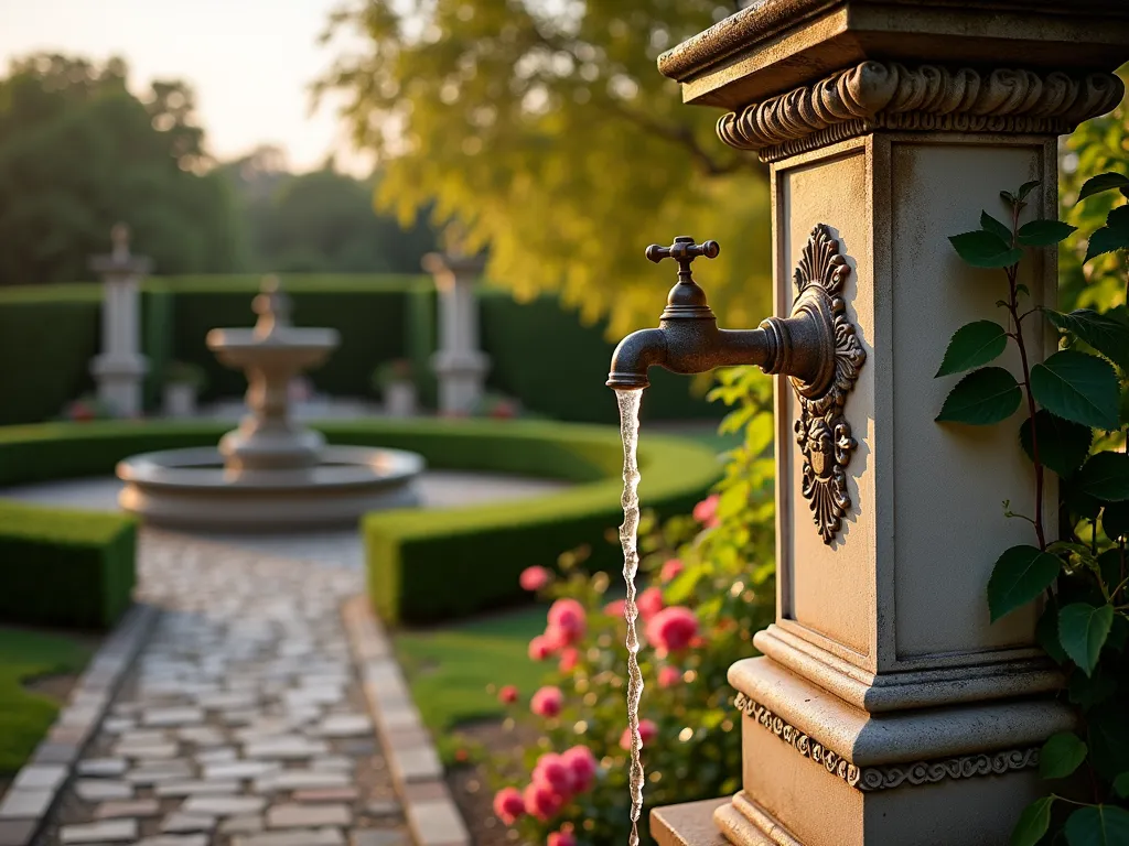 Classical Garden Column Faucet at Dusk - A stunning DSLR photograph of an elegant outdoor water faucet mounted on a weathered Corinthian column, captured during the golden hour. The 6-foot tall limestone column features intricate acanthus leaf carvings and fluted details, with an antique brass faucet emerging gracefully from its side. A cobblestone pathway leads to the column, while climbing roses and English ivy partially embrace its base. Soft evening light casts long shadows across the scene, while water droplets glisten on the ornate spigot. The background shows a manicured garden with boxwood hedges and a stone fountain, slightly blurred for depth. The composition is shot at a slight upward angle to emphasize the column's grandeur, with the warm sunset creating a romantic, Mediterranean atmosphere.