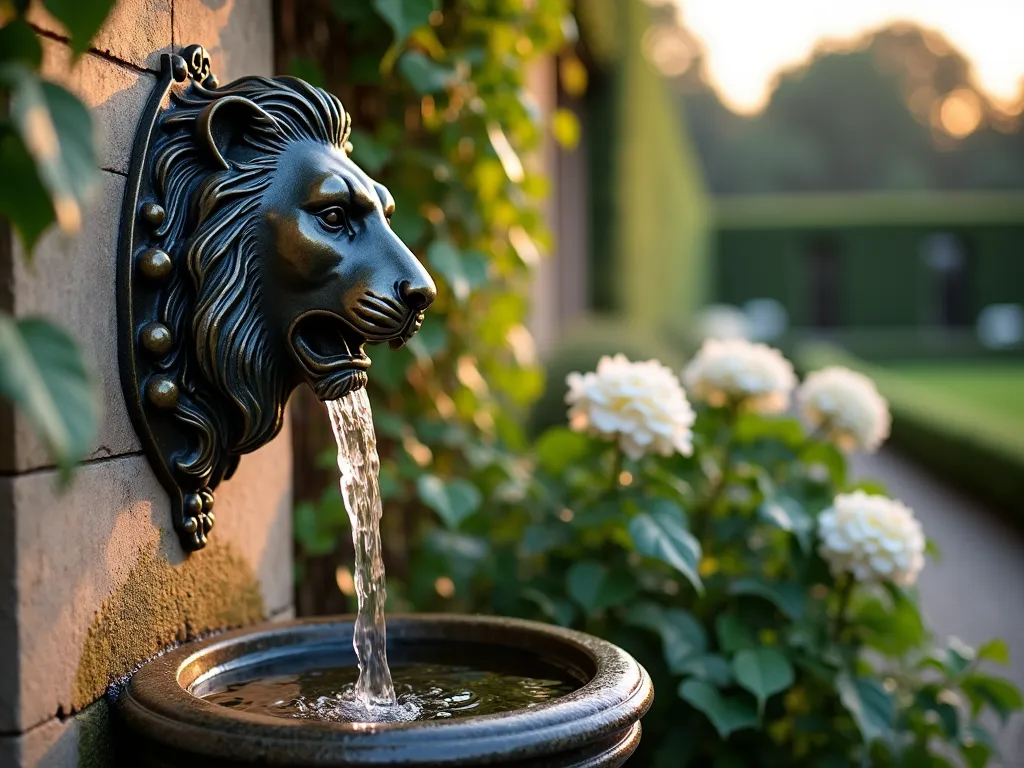 Elegant Lion Head Wall Fountain at Dusk - A close-up shot of an ornate bronze lion head water spout mounted on a weathered stone garden wall, water gracefully cascading into a small baroque-style basin below. The wall is adorned with climbing hydrangea and ivy, creating a lush frame around the classical fixture. Soft dusk lighting casts warm golden hues on the patinated bronze, while strategic garden lighting illuminates the flowing water. The background features a formal garden with trimmed boxwood hedges and white roses, slightly blurred for dramatic effect. The composition captures the majestic presence of the lion head spout as a centerpiece of European garden design.