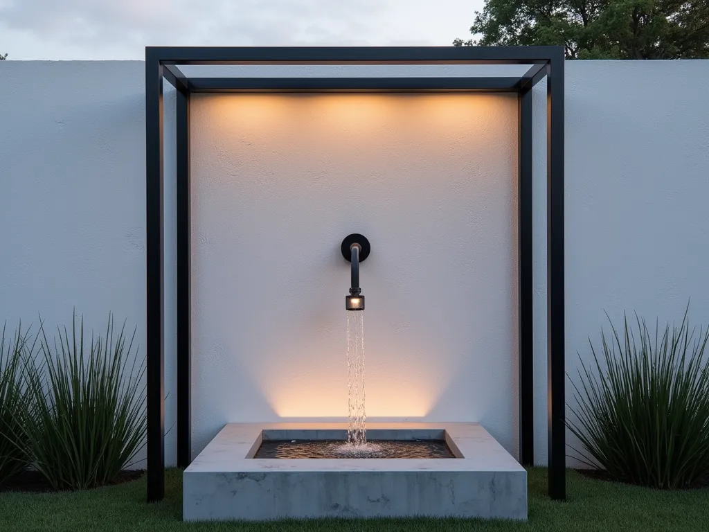 Modern Floating Steel Frame Garden Faucet - Close-up shot of a sleek, minimalist black steel frame mounted on a white textured stucco wall at dusk, appearing to float weightlessly. The frame is constructed from thin, geometric steel tubing in a perfect square, with a modern brushed nickel garden faucet suspended in its center. Soft ambient lighting highlights the clean lines and creates dramatic shadows. A cascade of water droplets catches the evening light as it falls into a rectangular concrete basin below. Japanese forest grass and black mondo grass provide subtle organic contrast at the base.