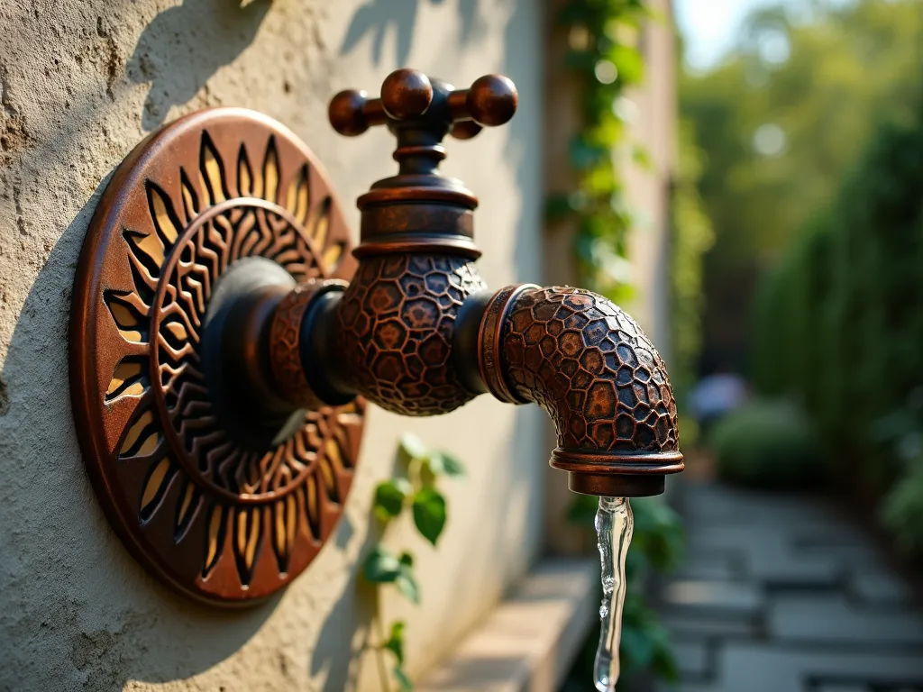 Modern Geometric Garden Faucet Art Installation - Close-up DSLR shot of an artistically designed outdoor faucet featuring intricate geometric metalwork in brushed bronze, with spiraling hexagonal patterns radiating outward from the spout. The faucet is mounted on a weathered copper backplate against a textured stone wall, surrounded by climbing jasmine vines. Late afternoon sunlight casts dramatic shadows through the metalwork, creating a mesmerizing pattern on the wall. A subtle water droplet catches the light as it falls from the geometric spout, while the background shows a blurred modern zen garden. Shot with shallow depth of field highlighting the detailed metalwork, f/8, ISO 100, creating a professional architectural detail photograph.