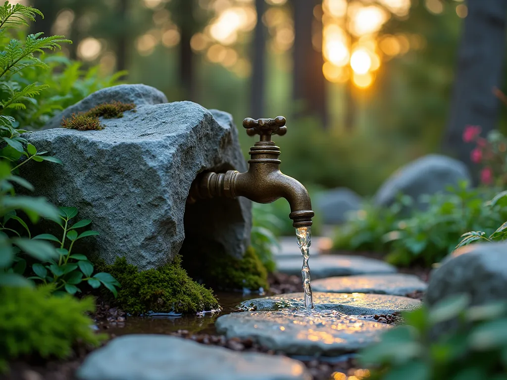 Hidden Rock Spigot in Woodland Garden - A close-up photographic shot of a realistic-looking artificial rock formation at dusk, seamlessly integrating a brass garden faucet within its natural-looking crevices. The rock formation is surrounded by lush ferns, moss, and native woodland plants, with soft evening light filtering through tree canopy above. Weathered copper spigot handle subtly emerges from the textured stone surface. Small water droplets glisten on surrounding foliage, captured with shallow depth of field using a 35mm focal length at f/2.8. Natural stone pathway leads to the hidden spigot, with decorative river rocks and woodland groundcover creating an enchanting garden setting.