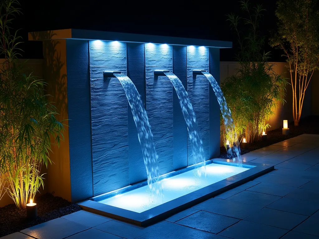 Modern Illuminated Garden Water Wall with Faucets - A stunning nighttime scene of a contemporary 8-foot-tall water wall in a modern garden setting. The wall features three sleek stainless steel faucets mounted at different heights, with cascading water flowing down textured slate panels. Integrated LED strip lighting in cool blue and warm white creates a dramatic interplay of light and water, casting ethereal reflections on the surrounding stone patio. Ornamental grasses and bamboo frame the edges of the water feature, while strategic uplighting highlights their silhouettes. The water wall is set against a dark background, emphasizing the luminescent quality of the flowing water and LED lighting. A close-up perspective captures the mesmerizing details of water droplets catching the light as they fall from the designer faucets.