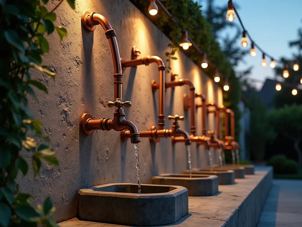 Industrial Copper Garden Faucet Installation - Dramatic dusk photograph of a modern industrial-style garden wall featuring an artistic arrangement of polished copper pipes and brass faucets mounted on a weathered concrete wall. The installation showcases multiple spigots at varying heights, connected by exposed copper piping in geometric patterns. Warm LED uplighting creates stunning shadows and highlights the metallic finish. A cascade of climbing ivy frames one side of the installation, while a sleek stone basin below catches water. Shot at f/2.8 with shallow depth of field focusing on the copper pipework, creating a bokeh effect with string lights in the background. Wide-angle perspective captures the full architectural impact while showing context within a contemporary garden setting.