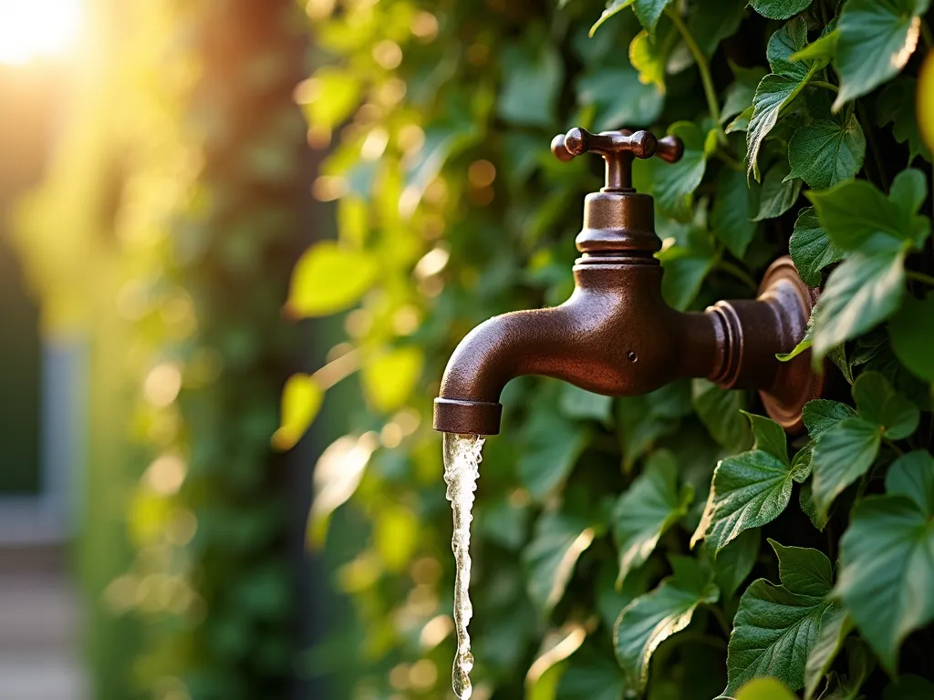 Living Wall Garden Faucet - Stunning close-up of a copper outdoor faucet seamlessly integrated into a lush living wall, photographed during golden hour. The faucet emerges from a verdant tapestry of cascading ferns, English ivy, and delicate baby tears. Dappled sunlight filters through the foliage, creating a magical interplay of light and shadow. The weathered copper faucet handle provides an elegant contrast against the vibrant green backdrop. Water droplets glisten on the leaves, suggesting recent use. The composition captures the harmonious blend of functional hardware and natural elements, with trailing plants gracefully framing the faucet. Shot with shallow depth of field to emphasize texture and detail, f/8, ISO 100, professional lighting, 8K resolution.