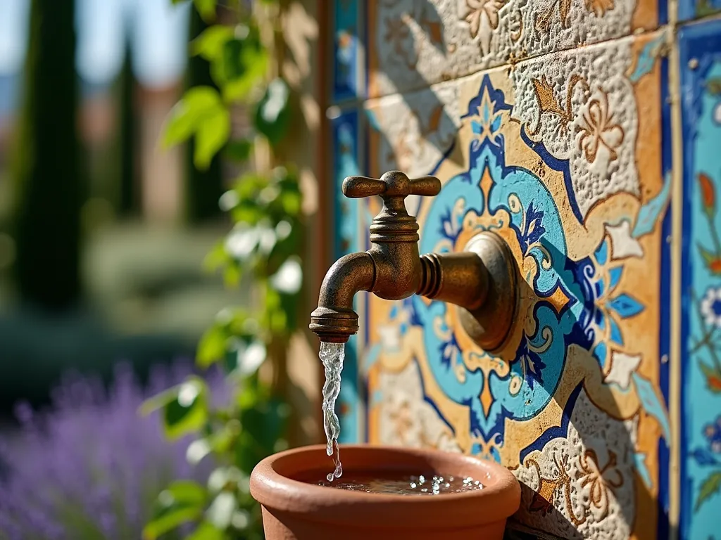 Mediterranean Tile Garden Faucet - Close-up shot of an ornate brass garden faucet mounted on a garden wall, surrounded by a stunning frame of hand-painted Mediterranean tiles in vibrant blues, turquoise, and terracotta. The tiles feature intricate Moorish patterns and floral motifs, creating a decorative focal point. Soft late afternoon sunlight casts gentle shadows across the textured tile surface, while climbing jasmine vines delicately frame the edges of the tiled installation. The faucet itself is weathered to a beautiful patina, and a terra cotta pot sits below catching water droplets. The background shows glimpses of a Mediterranean-style garden with cypress trees and lavender bushes slightly out of focus.