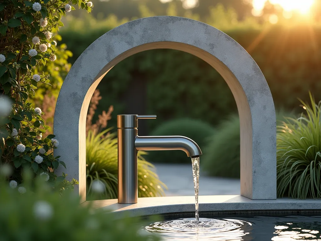 Modern Concrete Arch Garden Faucet - A stunning garden faucet installation featuring a minimalist concrete arch against a lush garden backdrop, photographed at golden hour. The smooth, curved concrete arch frames a sleek brushed steel outdoor faucet, creating a focal point. The arch's clean lines contrast beautifully with surrounding Japanese forest grass and climbing jasmine. Soft evening light casts gentle shadows across the concrete's surface, while water droplets catch the warm sunlight. Shot from a slight low angle to emphasize the arch's architectural presence, with shallow depth of field highlighting the textural interplay between industrial and natural elements. Professional DSLR capture with wide-angle lens at f/8, ISO 100, 1/125 sec in natural lighting.