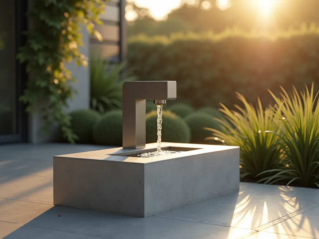 Modern Concrete Block Garden Faucet - A sleek, minimalist outdoor scene at golden hour featuring a rectangular concrete block with an embedded brushed steel garden faucet. The geometric block, standing 3 feet tall, casts subtle shadows across its smooth surface. A dramatic close-up perspective captures water droplets glistening on the faucet's spout. The background showcases soft-focus ornamental grasses and Japanese forest grass swaying gently, while climbing jasmine creates an organic contrast against the stark concrete. The scene is photographed in warm evening light, highlighting the textural interplay between the industrial materials and natural elements. Photorealistic, architectural photography style, 8K resolution.