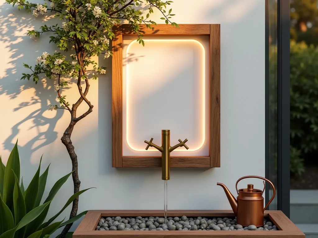 Modern Floating Garden Faucet Frame - Close-up shot of a sleek, minimalist garden faucet mounted on a floating teak wood frame against a white stucco wall, captured during golden hour. The frame appears to float weightlessly, with subtle LED backlighting creating a gentle halo effect. The brass faucet fixture contrasts beautifully with the warm wood tones, while climbing jasmine vines delicately frame the edges. A copper watering can sits beneath on a pebble catch basin, with soft evening shadows casting artistic patterns across the scene. Photorealistic, architectural photography style, 8K resolution.