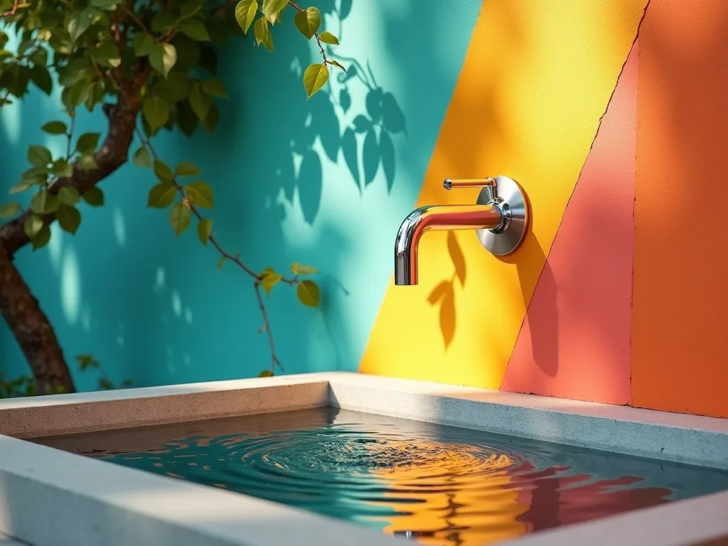 Modern Geometric Garden Faucet Installation - A close-up shot of a sleek chrome outdoor faucet mounted on a striking color-blocked wall featuring bold geometric shapes in vibrant teal, coral, and sunshine yellow. The wall's sharp angular patterns create a modern art installation effect, with clean lines and precise edges. The late afternoon sunlight casts dramatic shadows across the geometric design, enhancing the dimensional effect. The faucet's metallic finish gleams against the artistic backdrop, while trailing ivy softens one corner of the composition. A shallow modern concrete basin sits below, with water creating elegant ripples that reflect the colorful shapes above. Shot with shallow depth of field to emphasize the artistic details, DSLR, f/8, natural lighting.