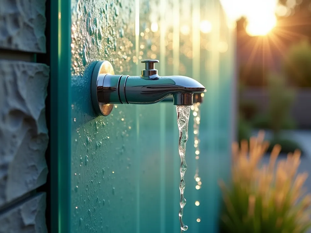 Modern Glass Panel Garden Faucet at Dusk - A stunning close-up shot of a sleek chrome garden faucet mounted on a large aqua-blue translucent glass panel, backlit by warm evening light. Water droplets cascade down the textured glass surface, creating prismatic light effects. The panel is mounted on a contemporary gray stone wall with modern landscaping visible in the soft-focused background, including ornamental grasses. Sharp detail on the minimalist faucet hardware while capturing the ethereal glow of light passing through the glass. Shot at golden hour with shallow depth of field, highlighting the interplay of light and water.