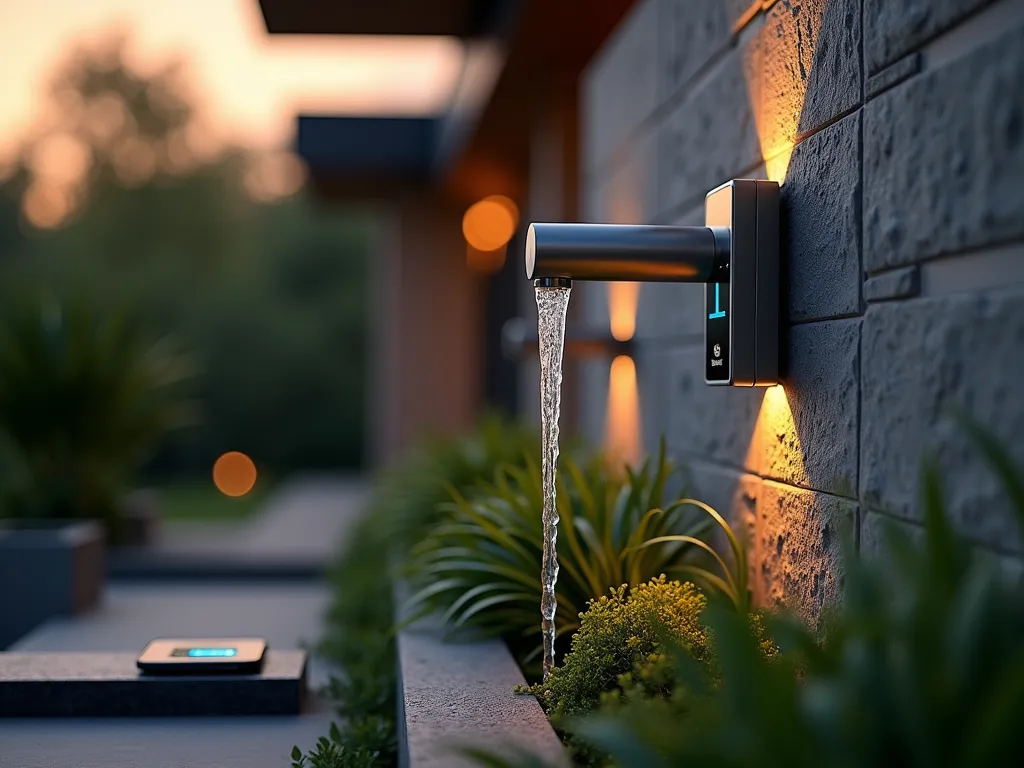 Modern Smart Garden Faucet at Dusk - A close-up shot of a sleek, brushed stainless steel smart garden faucet mounted on a contemporary natural stone wall at dusk. The faucet features a subtle blue LED indicator light and a modern touchscreen display showing water usage statistics. A smartphone hovers nearby, displaying an intuitive watering control app. Soft landscape lighting illuminates a backdrop of lush hostas and Japanese forest grass, creating dramatic shadows and highlighting the water droplets from the faucet. Shot with shallow depth of field focusing on the faucet's premium finish and digital display, captured at f/2.8 with warm evening lighting creating a magical atmosphere.