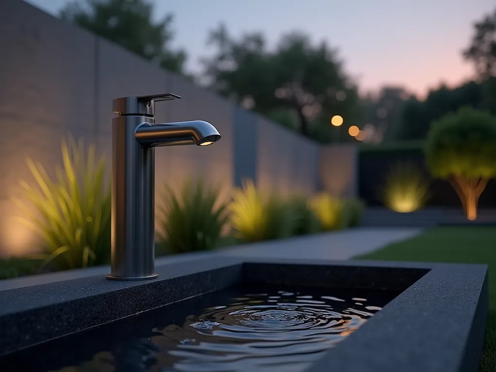 Modern Stainless Steel Garden Faucet at Dusk - A stunning close-up photograph of a sleek, brushed stainless steel column garden faucet at dusk, rising 4 feet tall against a modern concrete wall backdrop. The minimalist faucet features clean geometric lines and an industrial-chic lever handle, captured with dramatic side lighting that highlights its metallic texture. A contemporary black granite water basin sits below, with soft ripples reflecting the warm evening light. In the background, architectural ornamental grasses and Japanese forest grass create organic contrast against the industrial elements. Shot with shallow depth of field focusing on the faucet's elegant form, with bokeh effects on the modern landscaping beyond. Digital camera with 16-35mm lens at 35mm, f/2.8, ISO 400, during blue hour.