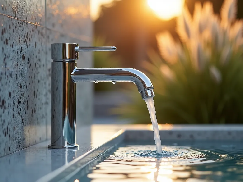 Modern Terrazzo Garden Faucet Installation - Close-up shot of a sleek, chrome outdoor faucet mounted on a stunning terrazzo panel, captured during golden hour. The custom-made panel features a contemporary speckled pattern in soft grays, blues, and brass tones. Water droplets glisten on the polished surface, while blurred ornamental grasses sway in the background. Sharp focus on the faucet and terrazzo detail, with natural sunlight highlighting the textural elements. Professional architectural photography style with dramatic shadows and clean lines. 16-35mm lens at f/2.8, ISO 400.