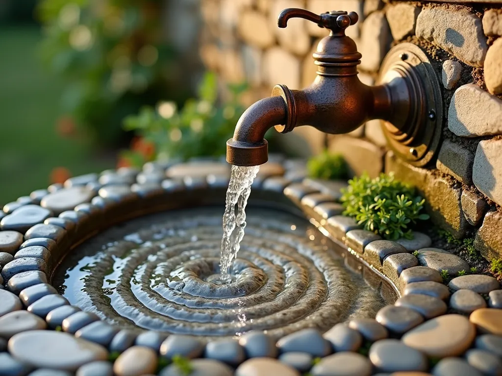 Natural Pebble Mosaic Garden Faucet - Close-up shot of a vintage-style copper outdoor faucet mounted on a garden wall, surrounded by an intricate handcrafted mosaic made of smooth river pebbles in varying shades of gray, brown, and cream, arranged in flowing circular patterns. Water droplets glisten on the stones in the warm late afternoon sunlight, creating a mesmerizing natural splash zone. Small patches of creeping thyme peek through the edges of the mosaic, adding organic softness to the design. The textured stone wall background provides depth and character, while the mosaic's natural elements create a harmonious blend of form and function in this artistic garden feature.