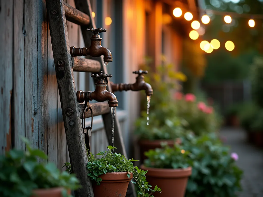 Rustic Ladder Watering Station at Dusk - A rustic wooden ladder leans against a weathered garden wall at dusk, beautifully illuminated by warm garden lights. Multiple vintage-style copper garden faucets are mounted at different heights along the ladder's length, with water droplets glistening. Terracotta pots with cascading ivy and climbing roses surround the base. Vintage gardening tools, including hand trowels and pruning shears, hang from reclaimed metal hooks on the ladder's rungs. The composition is captured from a slight angle, showing both the vertical arrangement and depth of the scene, with a soft bokeh effect in the background where string lights twinkle among garden foliage. The weathered wood texture of the ladder contrasts beautifully with the polished copper faucets, all photographed with sharp detail and rich, warm tones. Shot with DSLR camera, wide-angle lens, f/8, ISO 100, 1/125 sec.