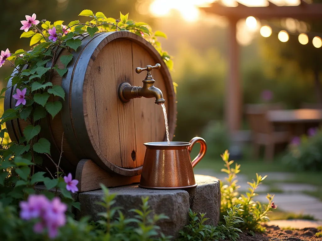 Rustic Wine Barrel Garden Faucet - A beautifully weathered oak wine barrel repurposed as a garden watering station, photographed during golden hour. The antique brass faucet mounted on the barrel's face gleams in the warm evening light. Crystal-clear water trickles into a vintage copper watering can below. Climbing jasmine delicately wraps around the barrel's edges, while purple clematis blooms frame the scene. The barrel sits on a natural stone platform surrounded by lush cottage garden plants. A soft bokeh effect in the background reveals a cozy patio setting with string lights. Shot from a low angle at f/2.8 to capture intricate barrel details and create depth, with golden sunlight filtering through nearby trees.