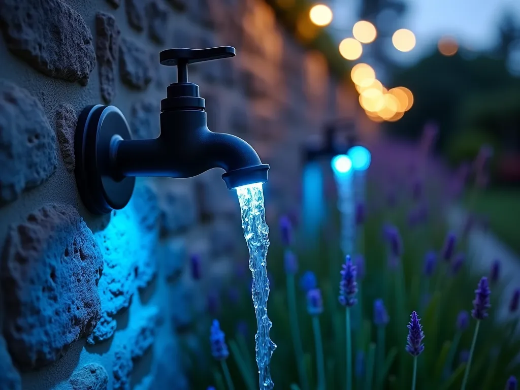 Illuminated Garden Faucet at Twilight - A stunning close-up shot of a modern, sleek outdoor faucet mounted on a textured stone wall, illuminated by built-in solar-powered LED lights creating a mesmerizing blue-white glow. Water droplets catch the light as they fall, creating a magical effect in the twilight garden setting. The background features soft-focused ornamental grasses and lavender swaying gently, while string lights twinkle in the distance. The faucet's modern design contrasts beautifully with the rustic wall texture, photographed with shallow depth of field highlighting the luminescent water stream. Shot during blue hour with a 16-35mm lens at f/2.8, capturing both the intimate detail of the faucet and the enchanting garden atmosphere.