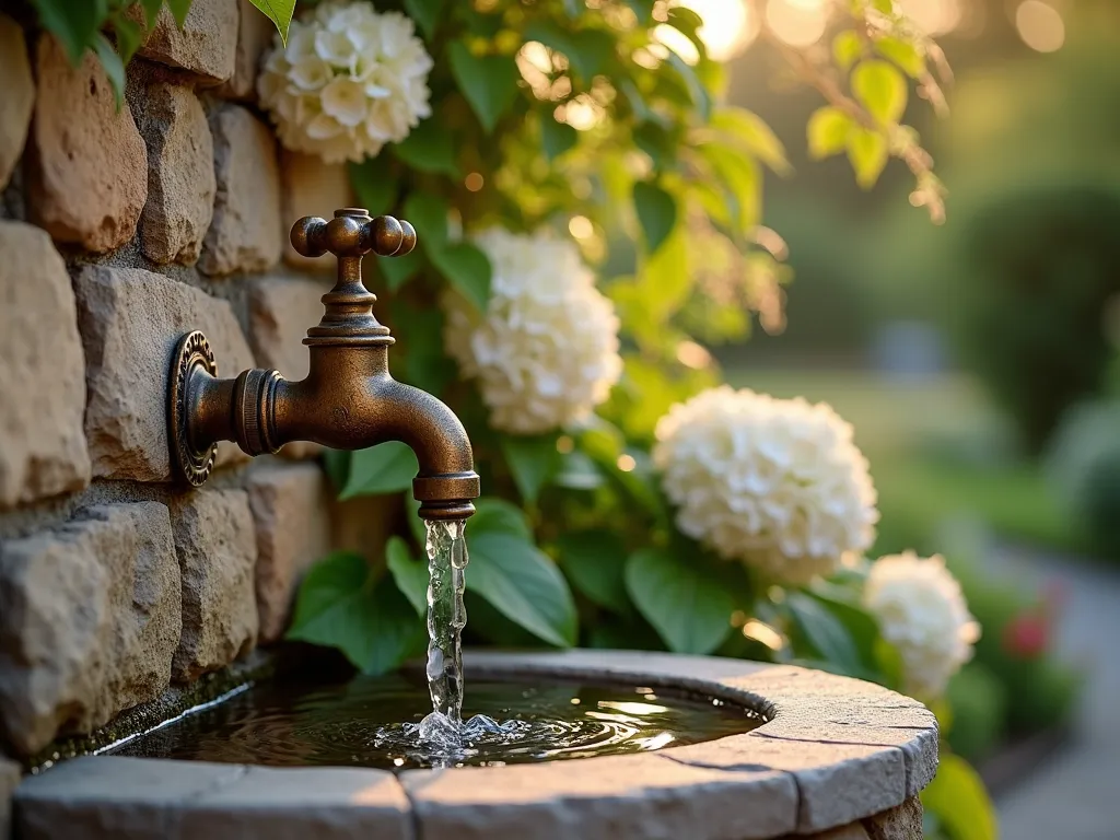 Rustic Stone Wall Garden Faucet - A stunning close-up shot of an antique brass garden faucet emerging from a meticulously crafted natural stone wall, captured during golden hour. The wall features varying sizes of weathered fieldstone in earth tones, expertly fitted together with minimal mortar lines. Water gracefully trickles from the aged brass spigot into a small stone basin below, creating gentle ripples that catch the warm evening light. Climbing hydrangea vines partially frame the scene, their delicate white blooms adding organic softness to the rugged stonework. The composition is enhanced by soft bokeh effects in the background, where lush garden foliage creates a natural backdrop. Shot with shallow depth of field to highlight the textural details of the stone and the metallic patina of the brass fixture.