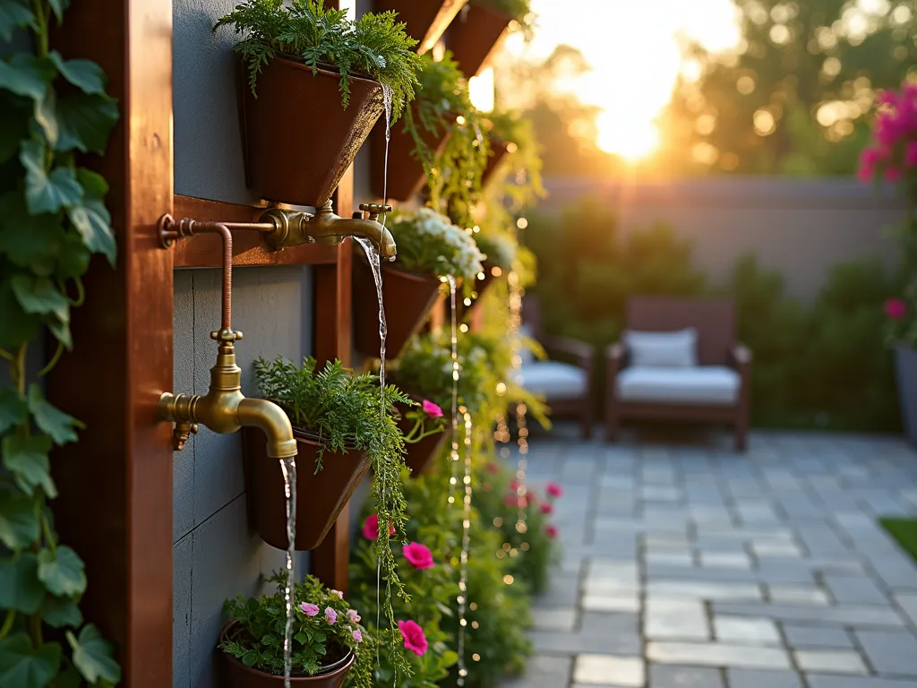 Modern Vertical Garden Tower with Integrated Faucets - A stunning modern vertical garden tower photographed during golden hour, shot with a wide-angle lens to capture its full height. The 7-foot tall copper and steel structure features multiple brass faucets elegantly integrated at different levels, with water droplets glistening in the warm evening light. Lush cascading plants including trailing ivy, ferns, and flowering petunias spill from modular hexagonal planters attached to the tower. The structure is set against a contemporary patio backdrop with natural stone pavers. Crystal-clear water flows from one of the antique-style faucets, creating a mesmerizing effect as it catches the sun's rays. The sophisticated irrigation system is tastefully concealed within the tower's architectural design, while copper piping adds industrial-chic aesthetic appeal. Professional DSLR photo with perfect exposure showing intricate details and rich textures.