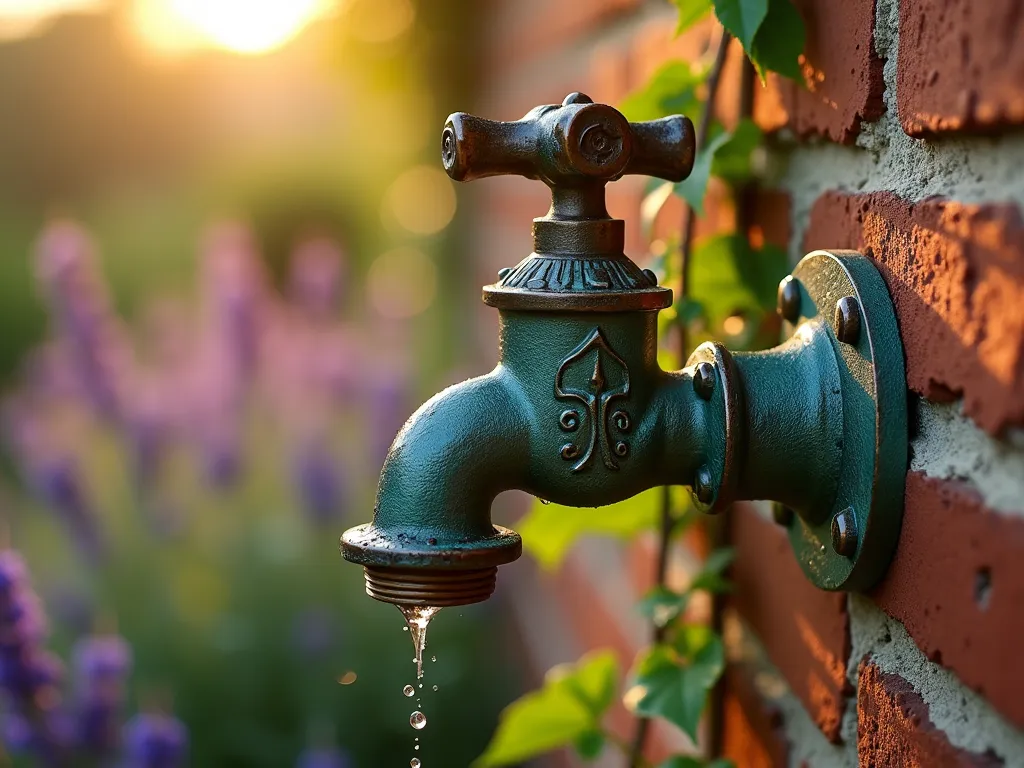 Vintage Copper Garden Spigot at Sunset - A close-up shot of a weathered copper garden spigot with a beautiful verdigris patina mounted on a rustic red brick wall, captured during golden hour. Soft evening sunlight casts warm shadows across the textured surface, highlighting the spigot's ornate details and aged copper tones. Climbing ivy frames the edges of the composition, while lavender and cottage roses bloom softly in the background. The scene is captured with a shallow depth of field, creating a dreamy bokeh effect that emphasizes the vintage charm. Water droplets glisten on the spigot's surface, adding sparkle to the romantic garden setting. Shot with a digital camera using a 16-35mm lens at f/2.8, ISO 400.