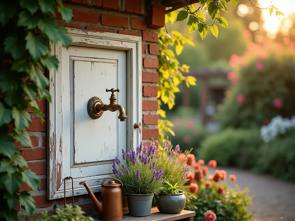 Vintage Door Frame Garden Faucet - A stunning garden vignette featuring a weathered white vintage door frame mounted on a rustic brick wall, showcasing an antique brass outdoor faucet at its center. English ivy gracefully climbs the frame's edges, while potted lavender and trailing rosemary add Mediterranean charm. Captured at golden hour with warm sunlight filtering through, creating dramatic shadows. The faucet is paired with a copper watering can below, and vintage garden tools artfully arranged nearby. Shot with shallow depth of field focusing on the ornate faucet details, with the garden softly blurred in the background. A terracotta pot collection and climbing roses visible in the distance complete the romantic cottage garden aesthetic.