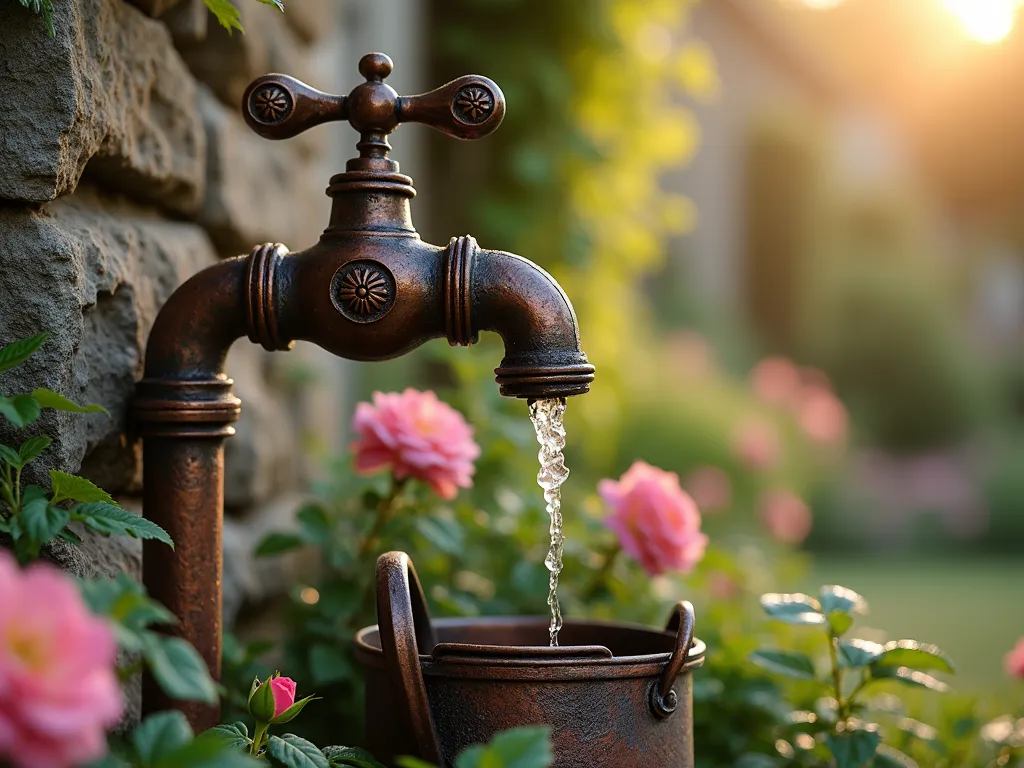 Vintage Hand Pump Garden Faucet at Dawn - A close-up shot of a weathered copper antique-style hand pump garden faucet against a rustic stone wall backdrop, softly illuminated by warm dawn light. The ornate Victorian-era design features intricate scrollwork and a curved spout, with water droplets glistening on its surface. Climbing roses and English ivy frame the fixture, while a vintage zinc watering can sits beneath. The surrounding garden bed features a mix of cottage-style plantings, creating a romantic, timeless scene with morning dew visible on the foliage, photorealistic, 8k resolution