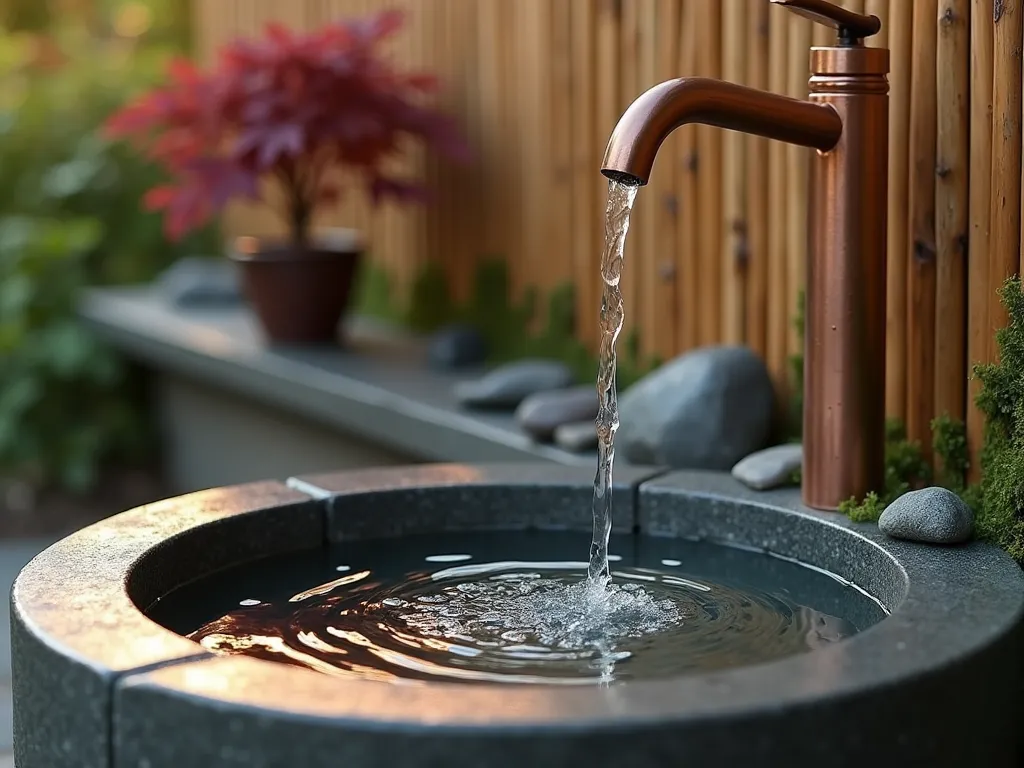 Zen Stone Basin with Copper Faucet - A serene close-up shot of a minimalist garden water feature at golden hour, featuring a hand-carved granite stone basin with gentle ripples in the water. A sleek copper faucet emerges from a weathered bamboo fence backdrop, its patina adding character. Small river rocks line the basin's edge, while a single potted Japanese maple provides a splash of deep burgundy foliage in soft focus. Delicate moss patches accent the stone basin's exterior, creating a harmonious connection with nature. Shot with shallow depth of field highlighting the water's surface tension as it falls from the faucet, natural sunset lighting casting warm golden reflections on the water's surface. 16-35mm lens at f/2.8, ISO 400.