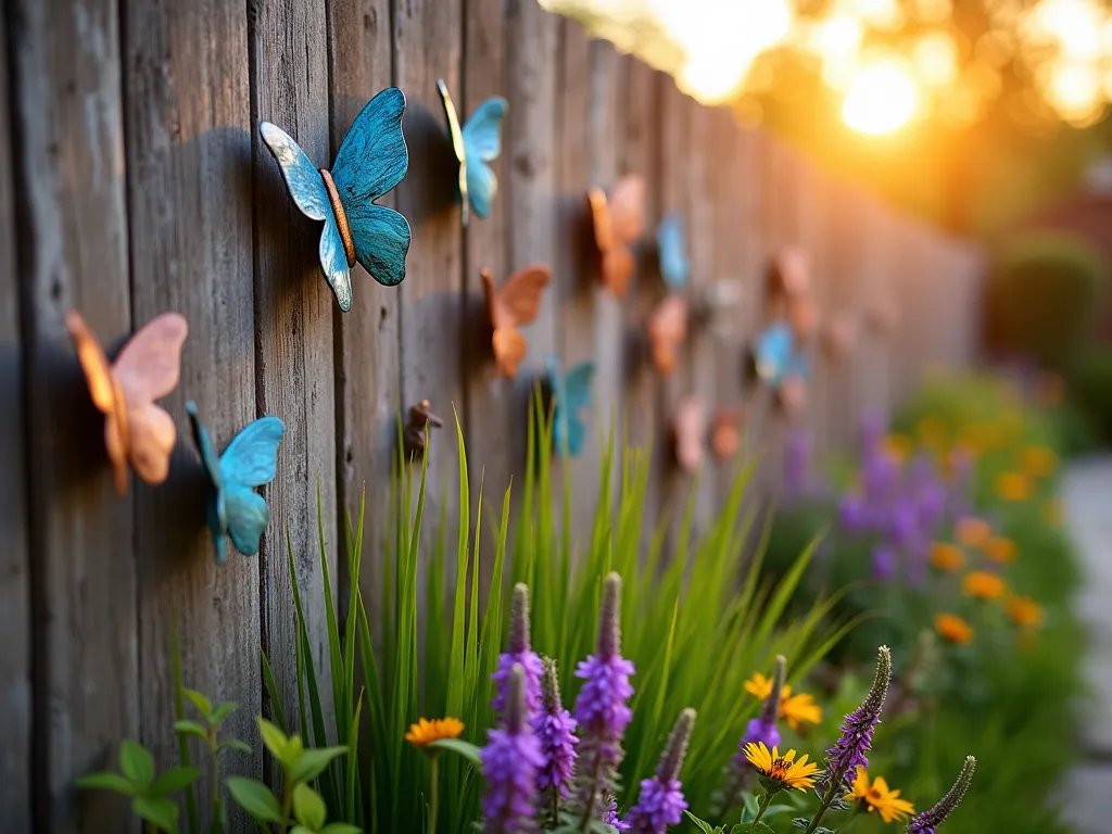 Whimsical Butterfly Garden Fence Display - A close-up shot of a rustic wooden garden fence at golden hour, adorned with artistically arranged metallic butterfly stakes in various sizes. The butterflies, ranging from small 6-inch to large 24-inch pieces, feature vibrant colors of blue, orange, and purple, alongside weathered copper specimens with beautiful verdigris patina. Delicate Mexican feather grass sways beneath the butterflies, while purple salvia and yellow coreopsis bloom in the foreground. Natural sunlight filters through the butterfly wings, casting enchanting shadows on the fence. The scene is captured with professional DSLR photography, f/8 aperture, showing perfect depth of field and rich detail in a dreamy, garden setting.