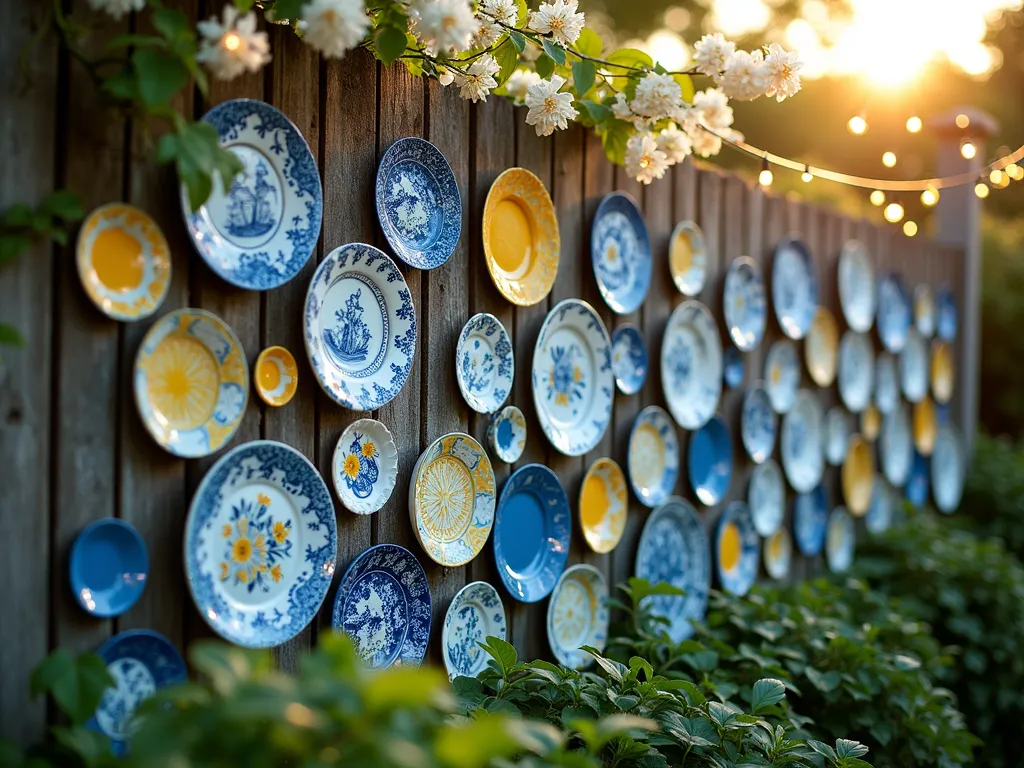 Vibrant Ceramic Plate Garden Wall Display - A stunning garden fence art installation featuring an artfully arranged collection of vintage and modern ceramic plates in vibrant blues, yellows, and whites against a weathered wooden fence. The plates create a mesmerizing pattern, photographed during golden hour with soft sunlight filtering through nearby flowering jasmine vines. A close-up perspective captures the intricate details of the plates while showing enough context to appreciate the overall design. The ceramic plates vary in size and pattern, creating visual interest and depth. Some plates feature traditional designs while others showcase contemporary patterns, all weather-sealed for outdoor display. The scene is complemented by lush green foliage in the foreground and string lights draped above, creating a magical garden atmosphere. Shot with a shallow depth of field to create a dreamy, artistic effect.