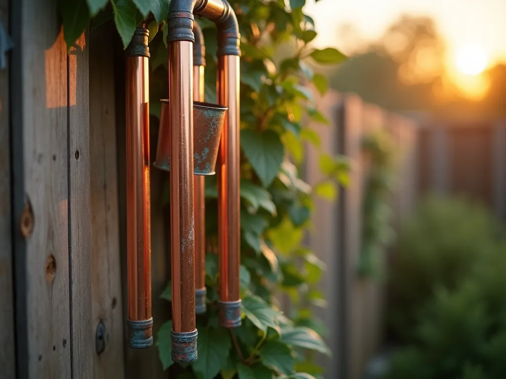 Sunset Copper Wind Chimes on Garden Fence - A close-up shot during golden hour of elegant copper pipe wind chimes hanging from a weathered wooden garden fence, photographed with a shallow depth of field. The wind chimes feature varying lengths of polished and patina-covered copper pipes, creating a harmonious arrangement. Soft evening light catches the metallic surfaces, highlighting both shiny new copper and patches of beautiful verdigris patina. In the background, slightly out of focus, climbing jasmine weaves through the fence slats, while the setting sun casts long shadows and warm golden light across the scene. Some pipes show gentle motion blur, suggesting a light breeze, with bokeh effects from the evening sunlight filtering through nearby foliage.