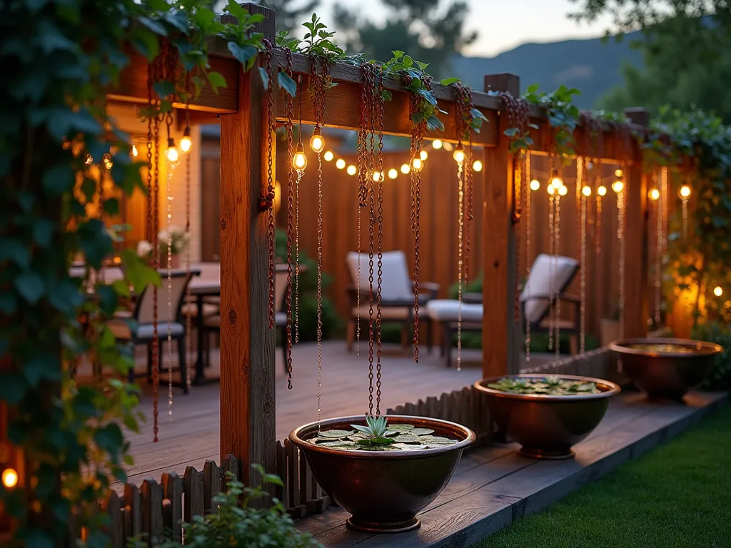 Copper Rain Chain Garden Fence at Dusk - A serene dusk garden scene captured with a wide-angle lens, featuring an artistic wooden fence adorned with multiple copper rain chains. The chains gracefully cascade down, catching the golden hour light, creating a warm metallic glow. Some chains are actively channeling water from recent rainfall, creating mesmerizing water patterns, while others show a beautiful verdigris patina. The fence is partially covered with climbing jasmine, adding organic texture. A cozy patio setting is visible in the background with soft ambient lighting, while shallow copper catch basins at the base of each chain contain water gardens with floating water lilies. The scene is photographed during magic hour, with dramatic shadows and highlighting that emphasizes the artistic installation. Shot at f/2.8 with subtle bokeh effect in the background garden elements.