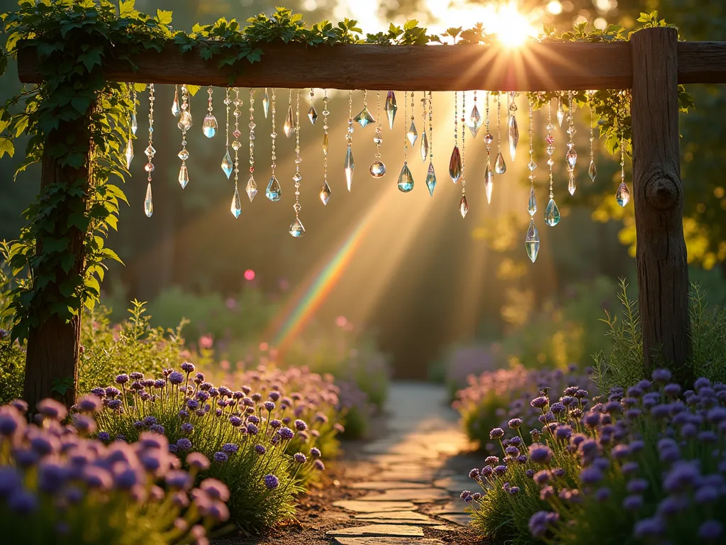 Crystal Suncatcher Garden Fence Display - A rustic wooden garden fence at golden hour, adorned with dozens of hanging crystal prisms and suncatchers of various sizes and shapes. Rays of warm sunlight filter through the crystals, casting mesmerizing rainbow patterns across a lush garden path below. The fence is partially covered with climbing jasmine vines, adding an organic element to the crystal display. In the foreground, patches of lavender and purple coneflowers sway gently, while their petals are decorated with scattered prismatic light. Shot with a wide-angle lens capturing both the height of the fence and the magical play of light across the garden space, with a shallow depth of field emphasizing the ethereal rainbow effects. The scene is captured during late afternoon golden hour, creating maximum rainbow refractions through the crystals.