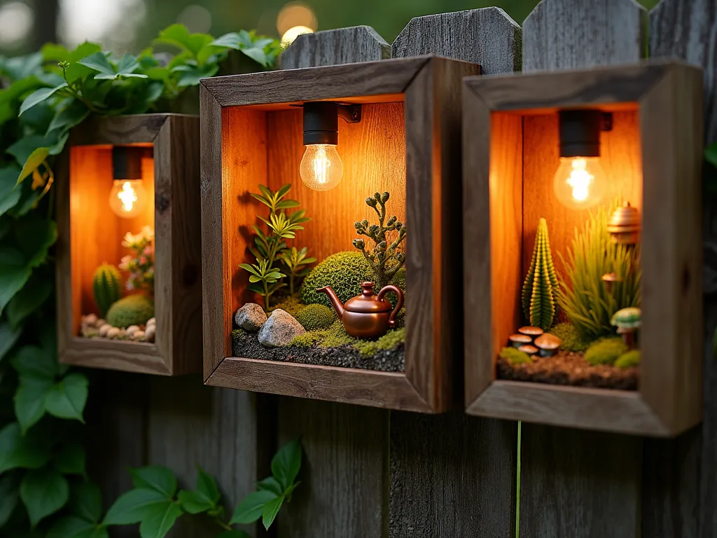 Enchanted Shadow Box Garden Display - Close-up shot of a rustic wooden fence adorned with three elegant weather-resistant shadow boxes at dusk. The central shadow box features a miniature fairy garden with tiny succulents, moss, and a small copper watering can. Soft LED string lights illuminate the displays, casting gentle shadows. The left box showcases a desert terrarium with mini cacti and a tiny ceramic lizard, while the right box contains a woodland scene with miniature ferns, small mushrooms, and a diminutive bronze fairy figurine. The boxes are beautifully weathered cedar wood with copper trim, photographed with shallow depth of field highlighting the intricate details. Trailing ivy naturally frames the installation, with the golden hour sun creating a magical atmosphere. Shot with a digital camera, 35mm, f/2.8, ISO 400.