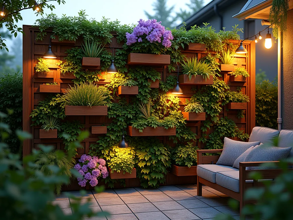 Enchanting Living Wall Fence Garden - A stunning vertical garden fence at dusk, with soft ambient lighting illuminating a luxuriant tapestry of climbing plants and integrated wooden planter boxes. The 8-foot tall wooden fence features a geometric pattern of mounted containers showcasing cascading purple clematis, emerald green ivy, vibrant succulents, and delicate trailing jasmine. Golden hour sunlight filters through the foliage, creating dramatic shadows on the natural wood fence. The living wall is photographed from a slight angle to show depth, with a cozy seating area visible in the foreground and string lights draped above. The composition includes varying textures of plants, from soft flowering vines to architectural succulents, all harmoniously blending to create a breathtaking natural art installation. The scene is captured in photorealistic detail, with dewdrops glistening on leaves and subtle evening mist adding atmosphere, hyperrealistic, 8k quality